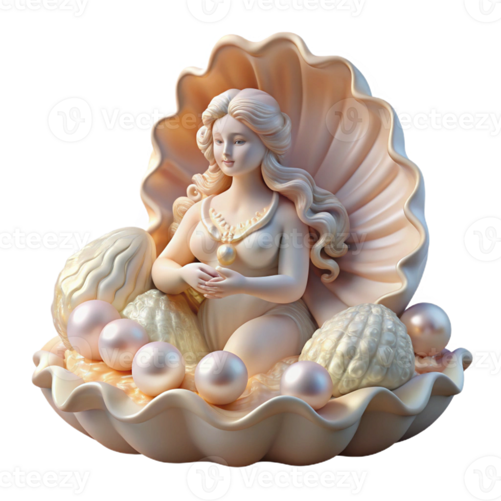 magnificent vintage A serene Aphrodite emerging from the sea foam, adorned with pearls and seashells, lit by the soft glow of sunrise, in a romantic, Rococo style high quality png