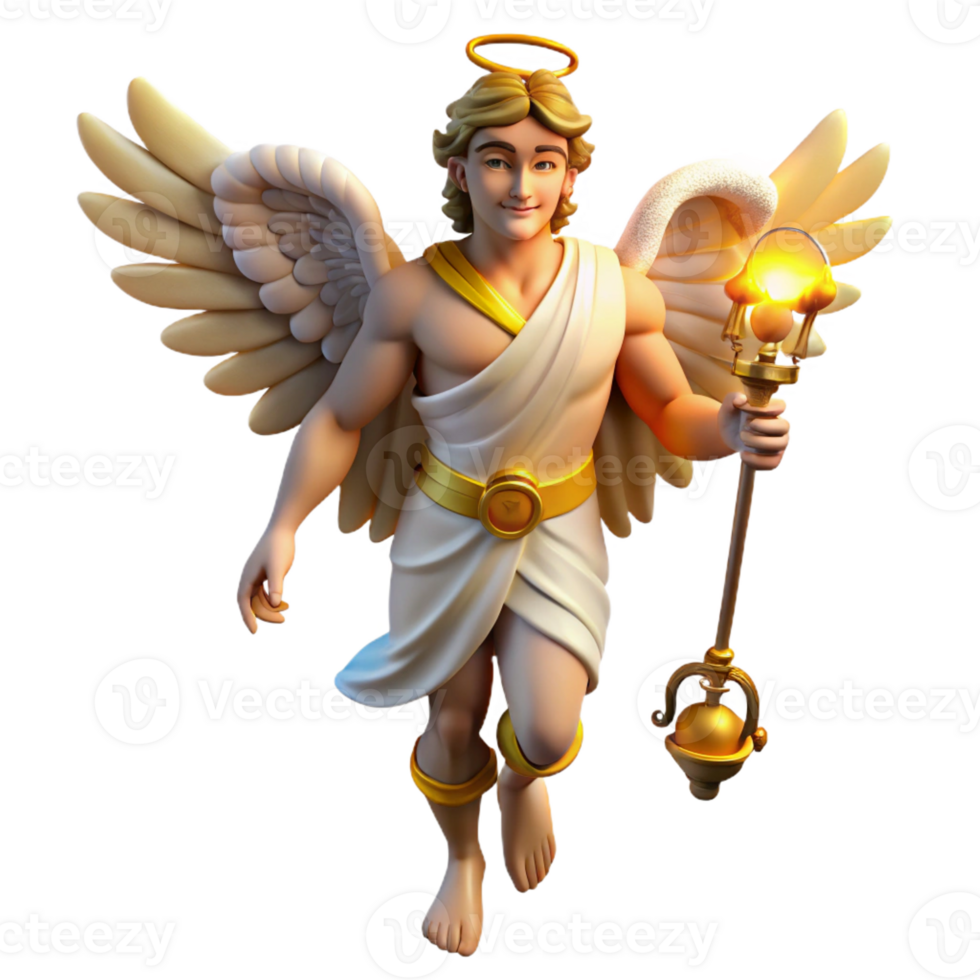 stunning classic A cunning Hermes with winged sandals, holding a caduceus, lit by the warm glow of a marketplace, in a dynamic, Renaissance painting style premium png