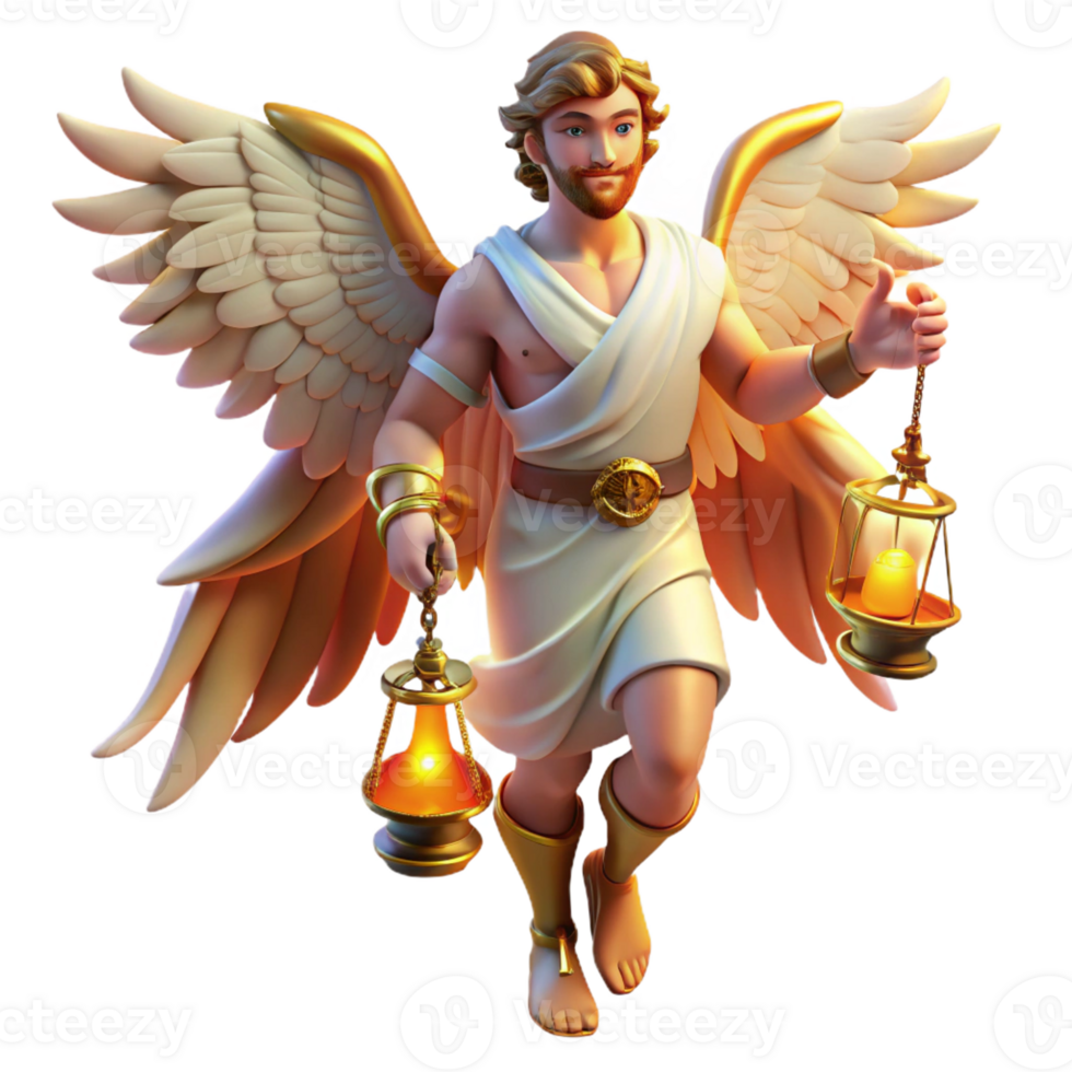 dramatic contemporary A cunning Hermes with winged sandals, holding a caduceus, lit by the warm glow of a marketplace, in a dynamic, Renaissance painting style genuine png