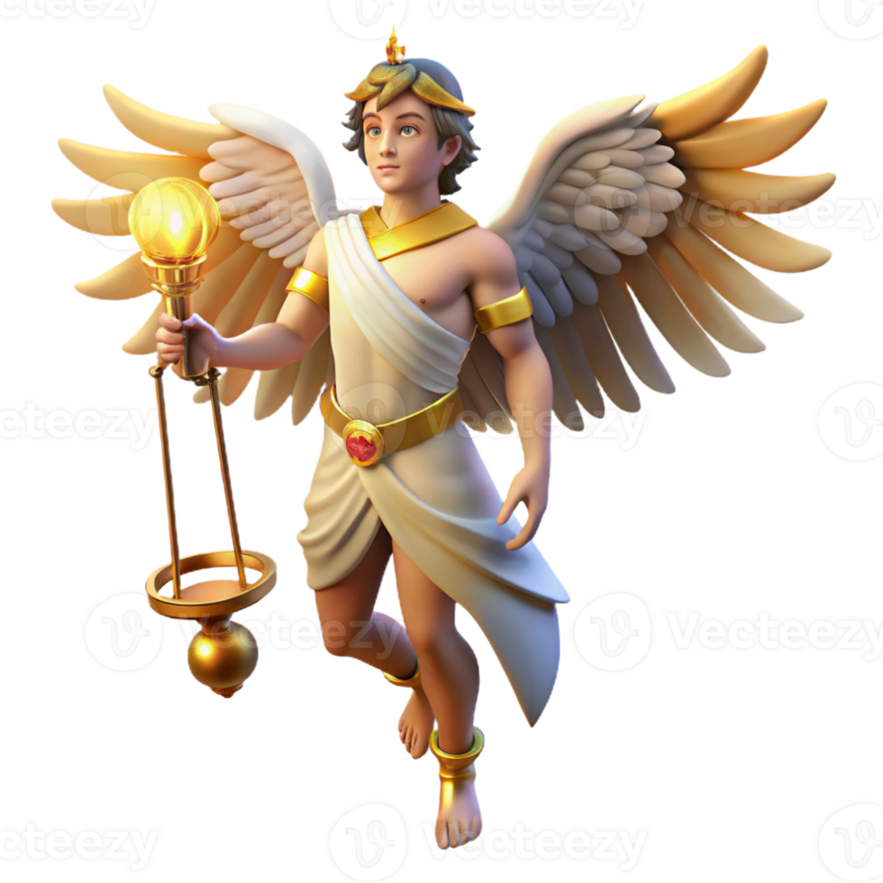elegant rustic A cunning Hermes with winged sandals, holding a caduceus, lit by the warm glow of a marketplace, in a dynamic, Renaissance painting style high resolution png
