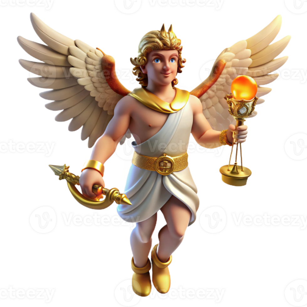 wonderful contemporary A cunning Hermes with winged sandals, holding a caduceus, lit by the warm glow of a marketplace, in a dynamic, Renaissance painting style 4K png