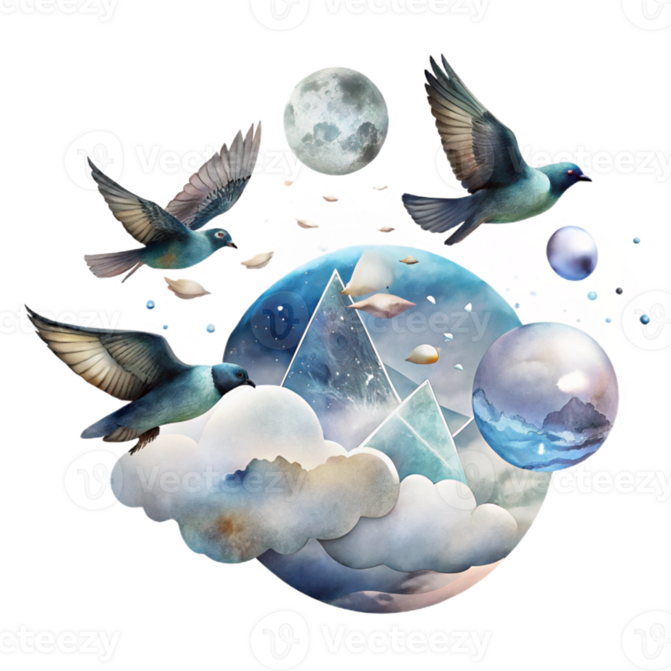 impressive rustic Watercolor Sky with Birds Flying Cutout Transparent Background original png