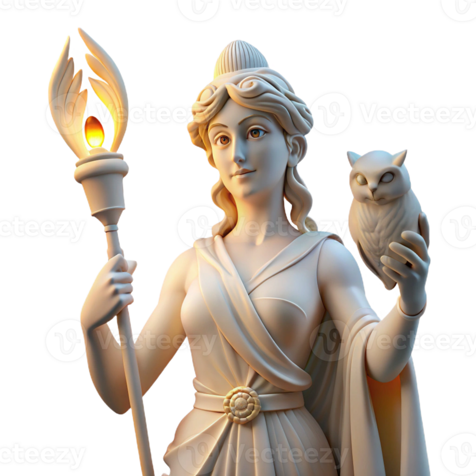 beautiful creative A wise Athena, goddess of wisdom, holding an owl and a spear, lit by the soft glow of an oil lamp, in a serene, classical sculpture style high resolution png