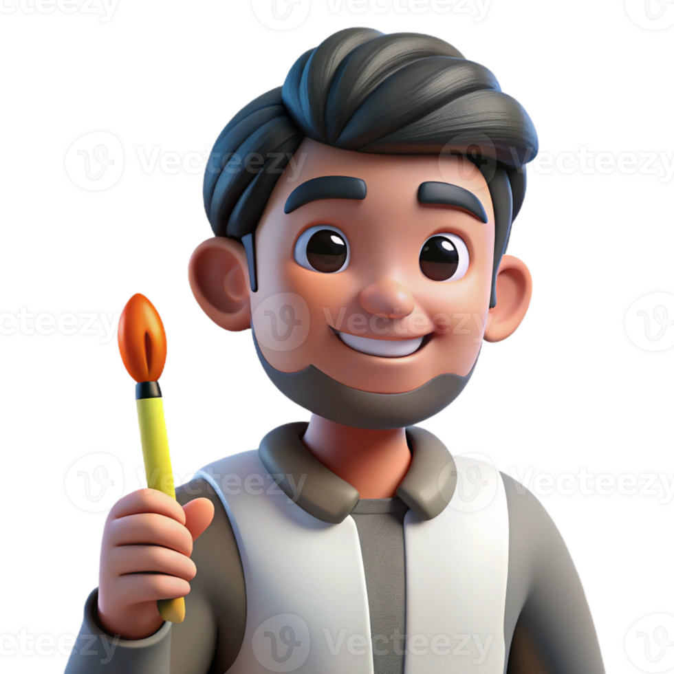 extraordinary creative Portrait of an artist holding a paintbrush, with a focused expression, lit by soft studio light, in a behind-the-scenes style high resolution png