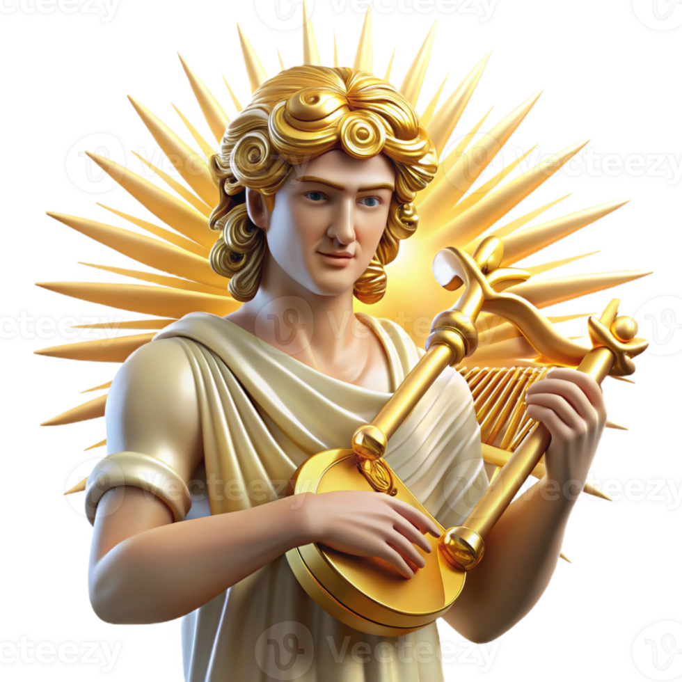 dramatic artistic A radiant Apollo, god of the sun, playing a golden lyre, surrounded by beams of sunlight, in a luminous, Art Nouveau style high quality png