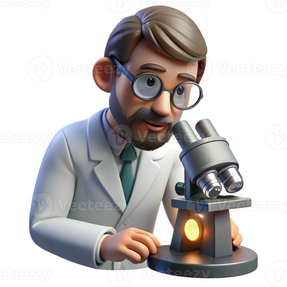 dramatic minimalist Portrait of a scientist in a lab coat, looking through a microscope, lit by bright laboratory light, in a scientific photography style genuine png