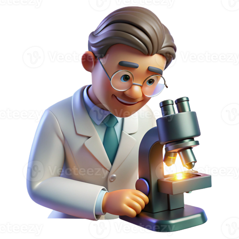 magnificent modern Portrait of a scientist in a lab coat, looking through a microscope, lit by bright laboratory light, in a scientific photography style 4K png