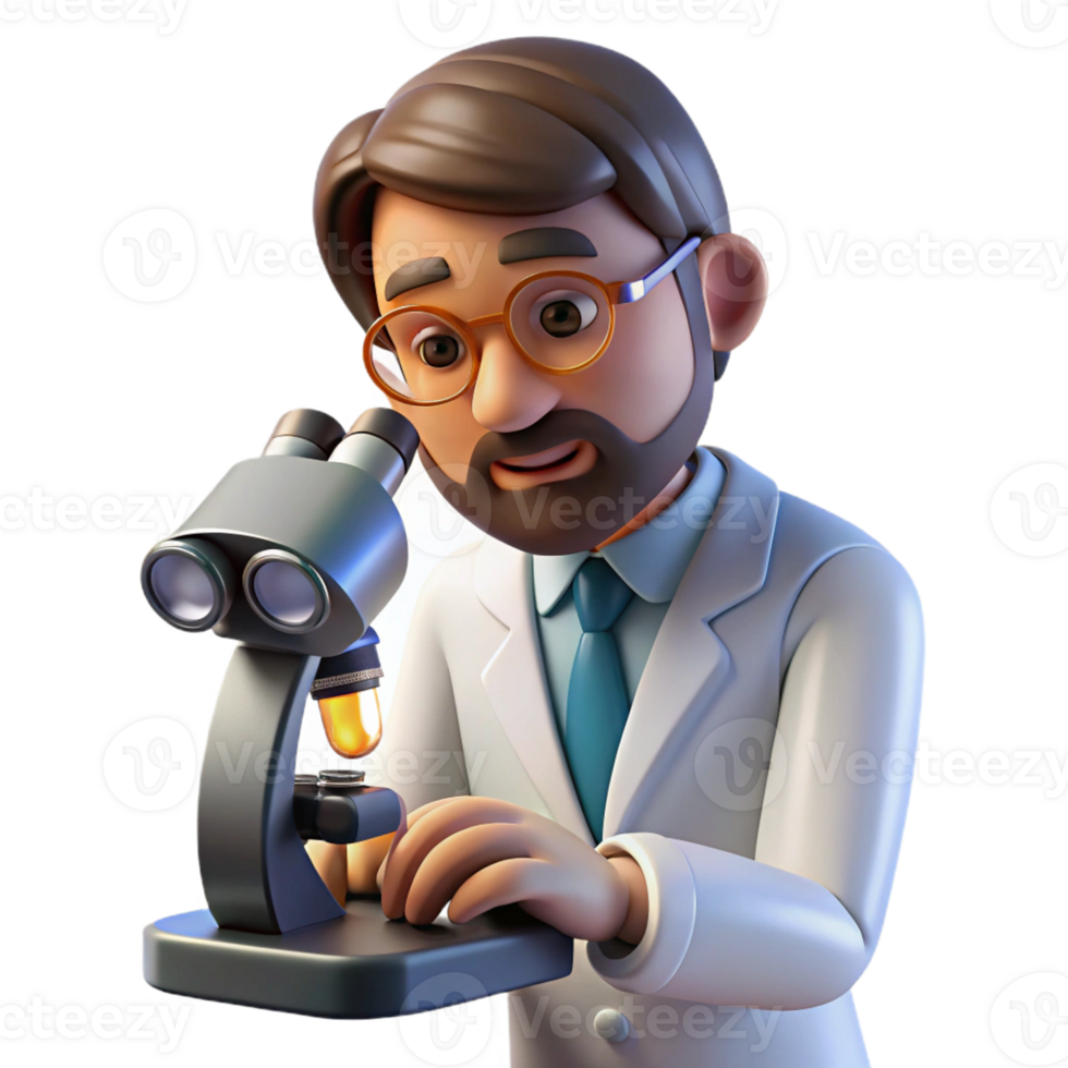 vibrant minimalist Portrait of a scientist in a lab coat, looking through a microscope, lit by bright laboratory light, in a scientific photography style authentic png