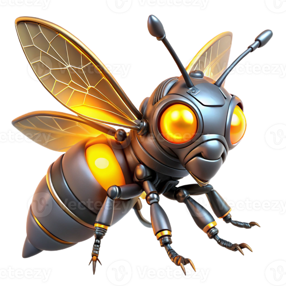 extraordinary minimalist A robotic insect with glowing eyes and intricate details, illuminated by warm, yellow light, biomechanics style high quality png