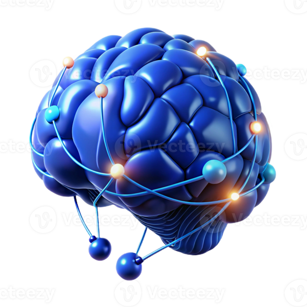 impressive rustic A human brain connected to a network of wires and glowing with data, illuminated by cool, blue light, cyberpunk style original png