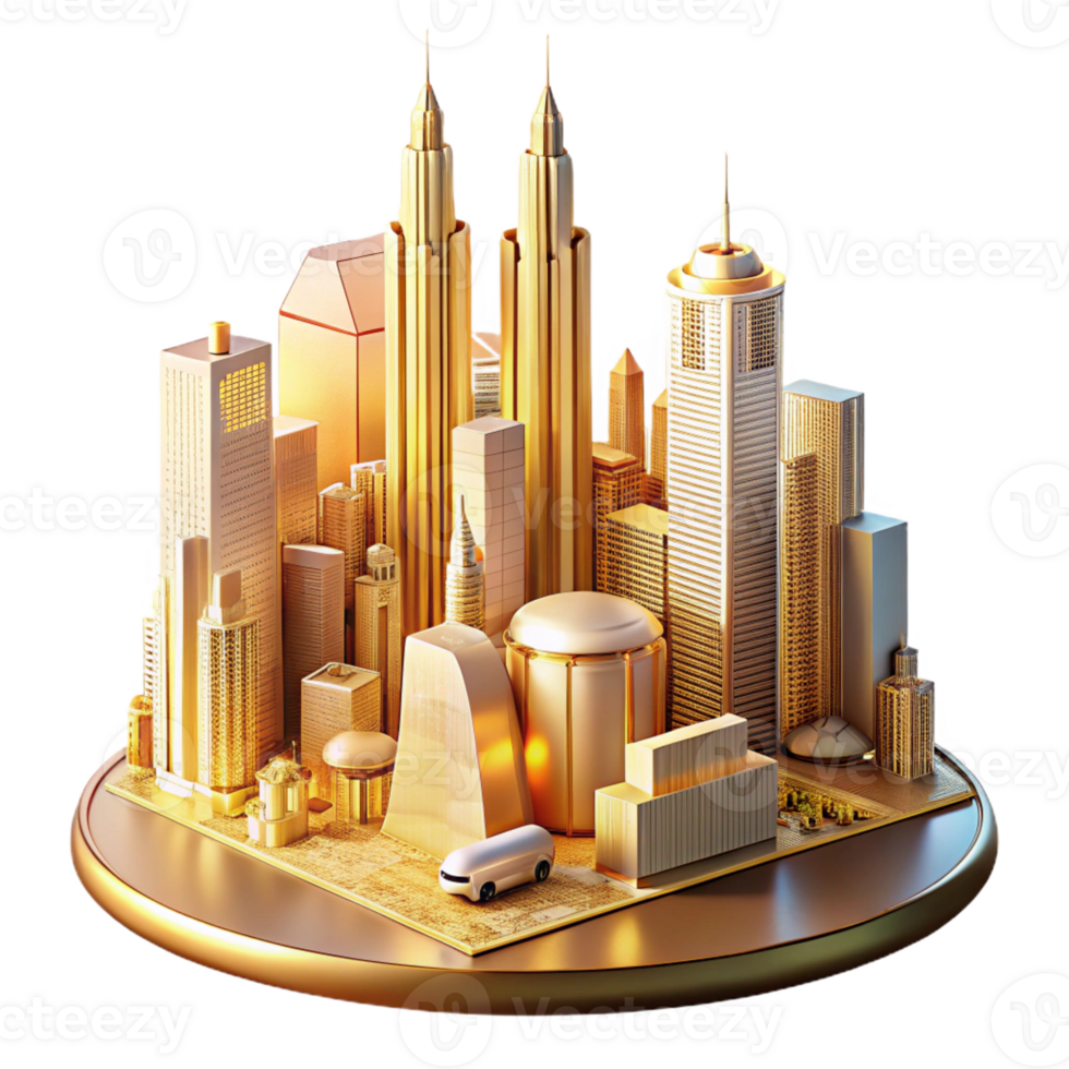 serene artistic A futuristic cityscape with towering skyscrapers and flying vehicles, lit by warm, golden light, art deco style high resolution png