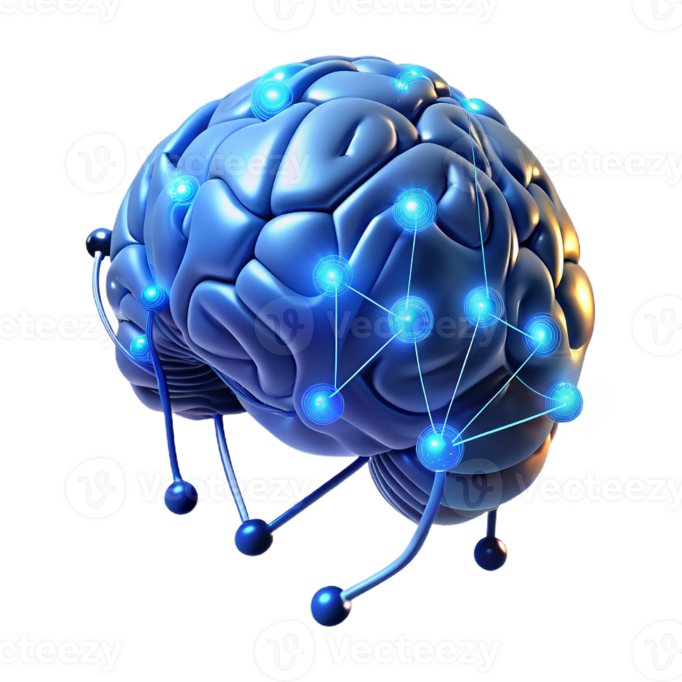 extraordinary artistic A human brain connected to a network of wires and glowing with data, illuminated by cool, blue light, cyberpunk style original png