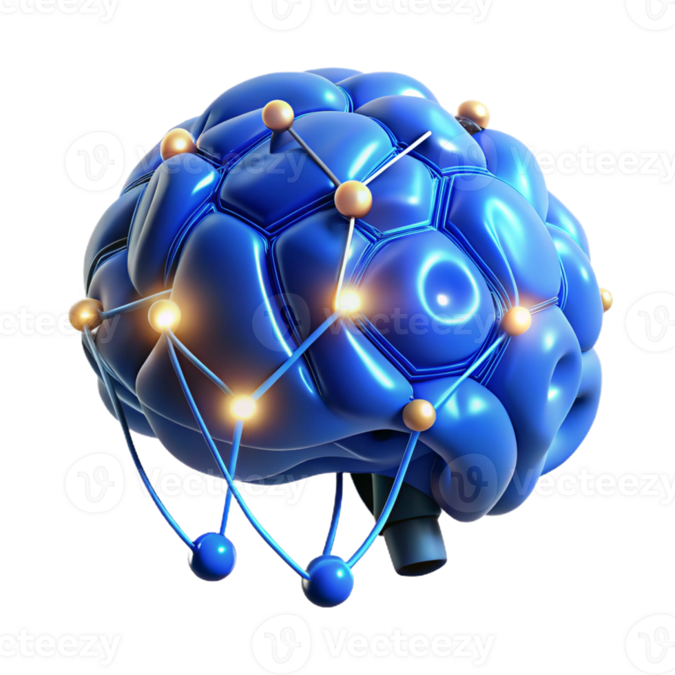 beautiful traditional A human brain connected to a network of wires and glowing with data, illuminated by cool, blue light, cyberpunk style genuine png