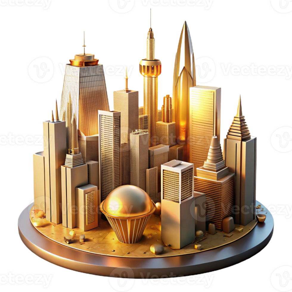 vibrant abstract A futuristic cityscape with towering skyscrapers and flying vehicles, lit by warm, golden light, art deco style professional png