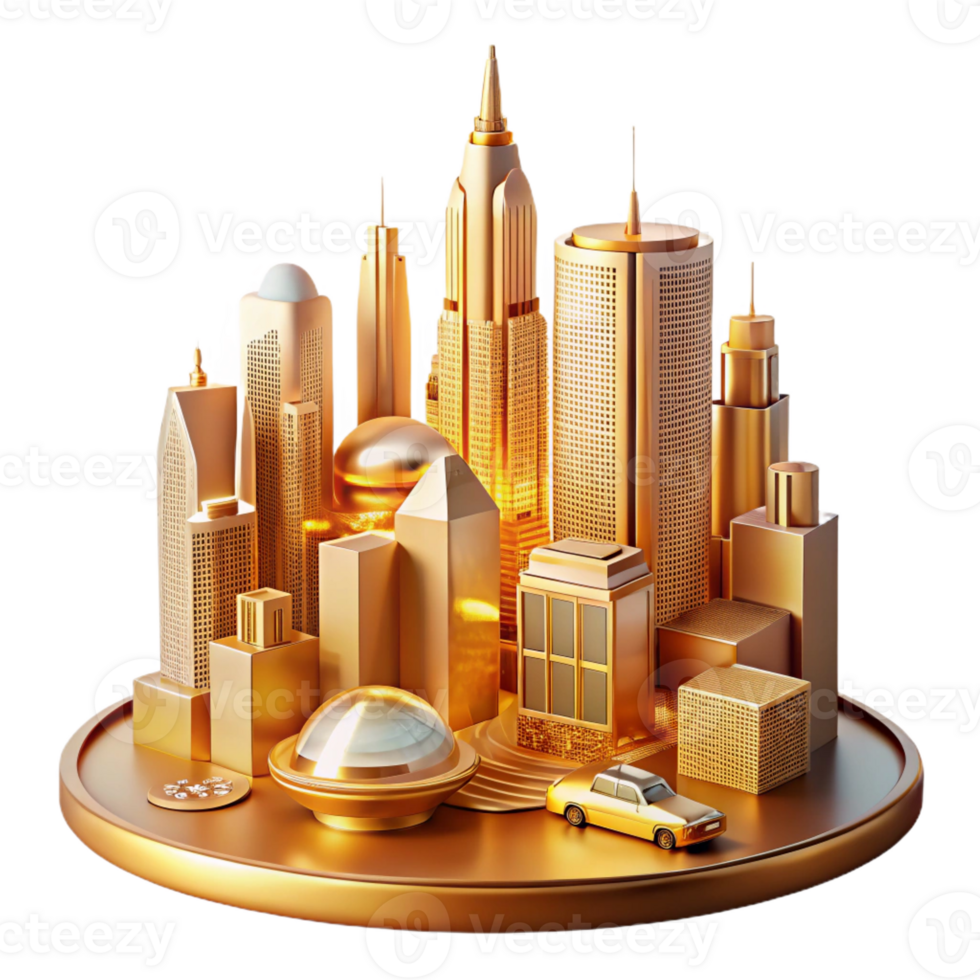 magnificent creative A futuristic cityscape with towering skyscrapers and flying vehicles, lit by warm, golden light, art deco style professional png
