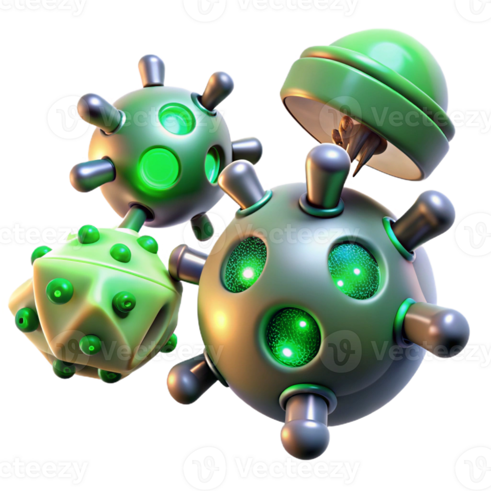 magnificent contemporary A group of nanobots repairing damaged tissue, illuminated by bright, green light, medical illustration style authentic png