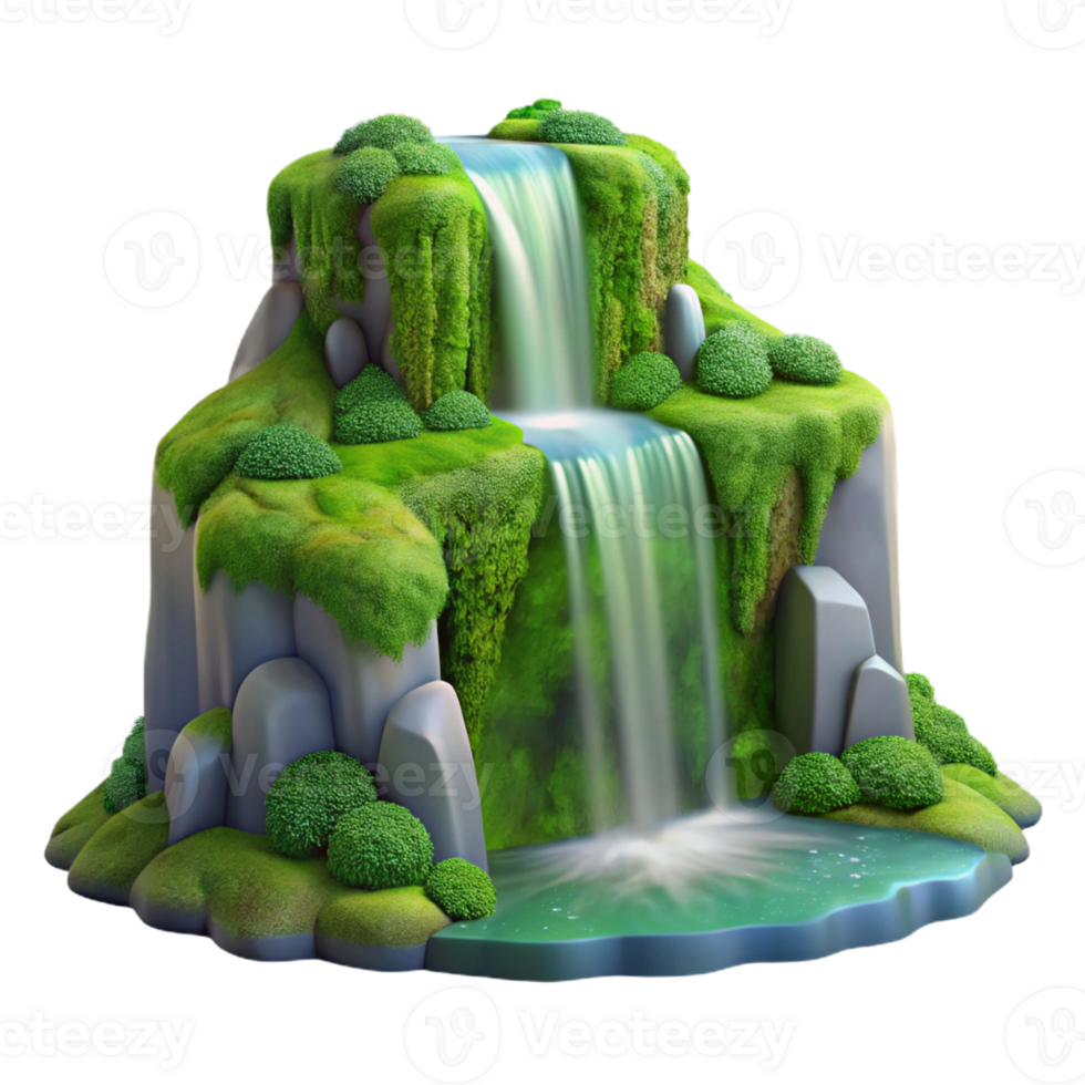 beautiful contemporary A cascading waterfall surrounded by lush green moss, long exposure, dreamy style high resolution png