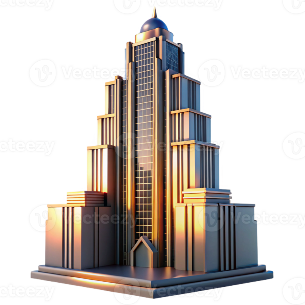 vibrant rustic Art Deco skyscraper, intricate geometric facade, chrome accents, sun setting casting long shadows, volumetric lighting, cinematic style professional png