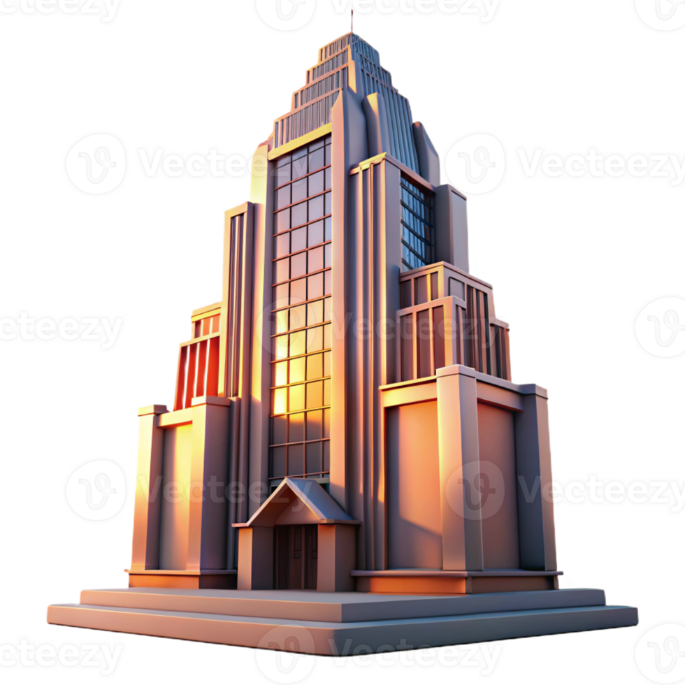 vibrant artistic Art Deco skyscraper, intricate geometric facade, chrome accents, sun setting casting long shadows, volumetric lighting, cinematic style exclusive png