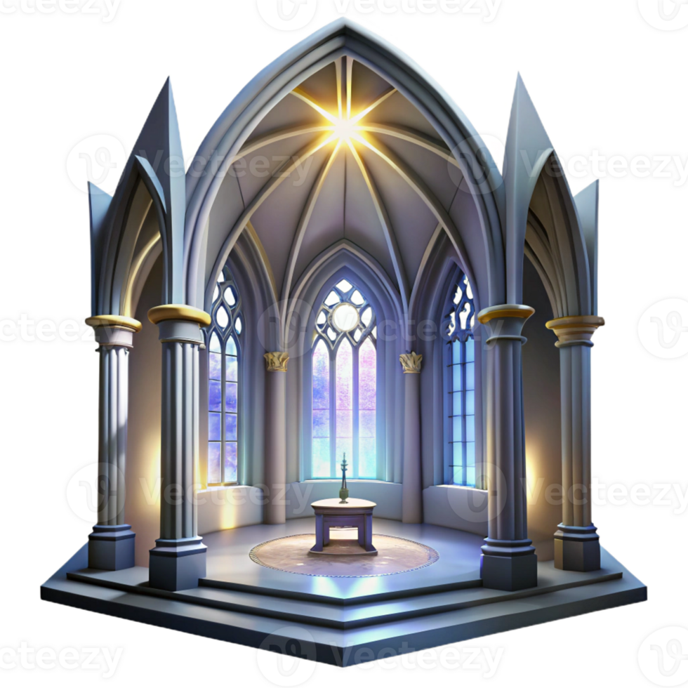 dramatic vintage Gothic cathedral interior, stained glass windows depicting celestial scenes, shafts of light piercing through the darkness, ethereal atmosphere, hyperrealistic rendering high quality png