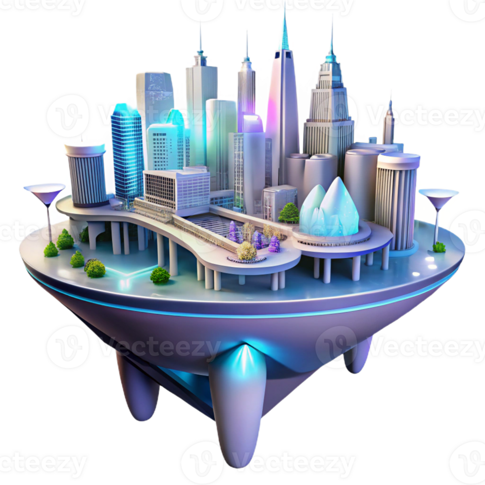 dramatic minimalist Futuristic floating city, sleek white buildings connected by glowing bridges, vibrant neon lights, cyberpunk style, digital art original png