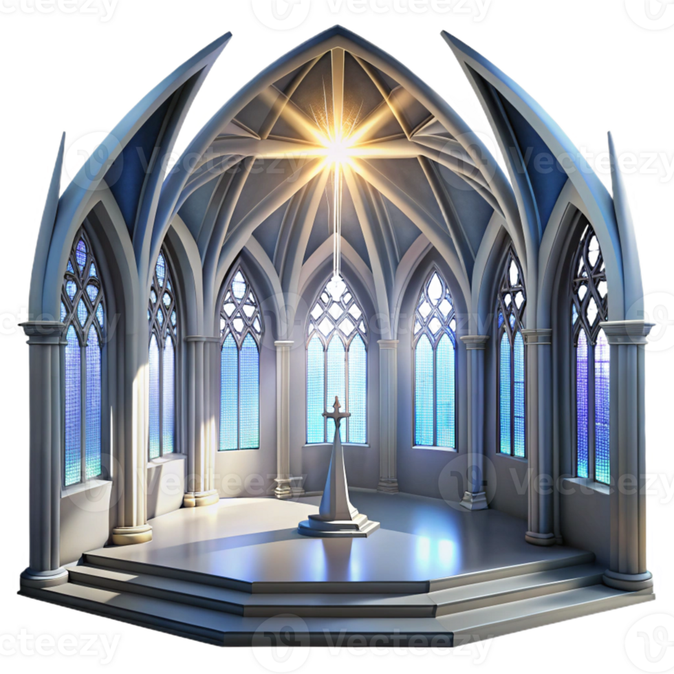 vibrant modern Gothic cathedral interior, stained glass windows depicting celestial scenes, shafts of light piercing through the darkness, ethereal atmosphere, hyperrealistic rendering high resolution png