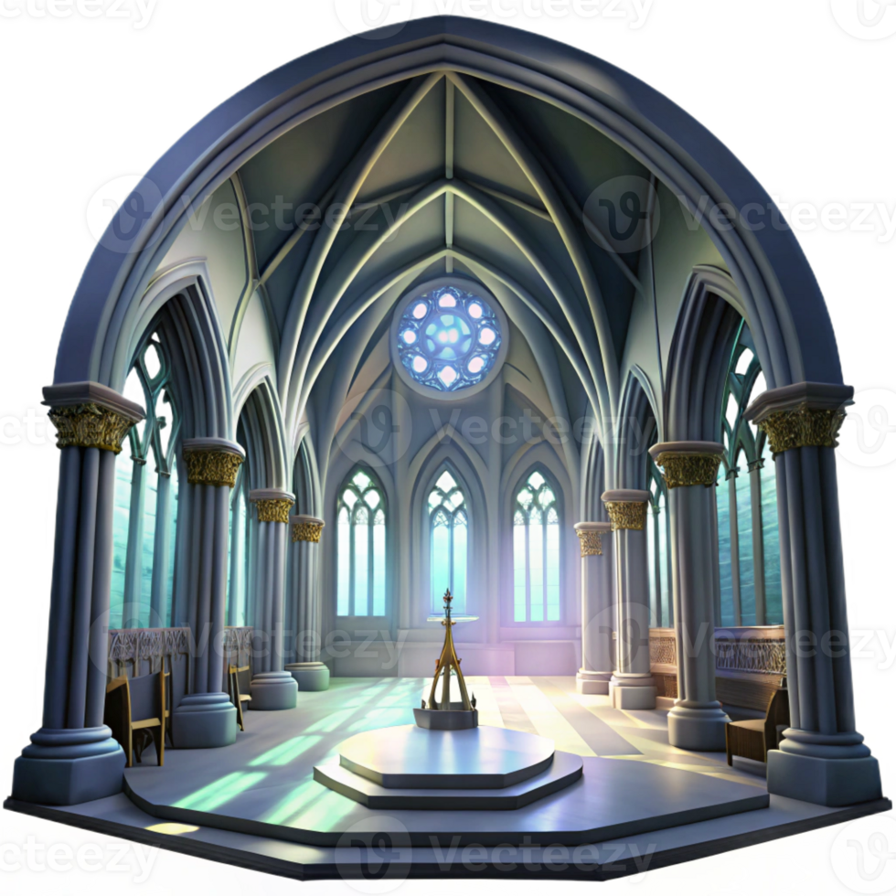 stunning modern Gothic cathedral interior, stained glass windows depicting celestial scenes, shafts of light piercing through the darkness, ethereal atmosphere, hyperrealistic rendering original png