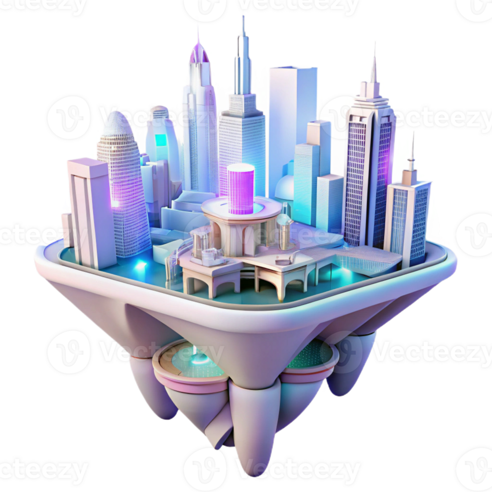 extraordinary contemporary Futuristic floating city, sleek white buildings connected by glowing bridges, vibrant neon lights, cyberpunk style, digital art genuine png