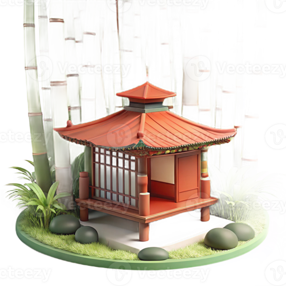 vibrant abstract Japanese tea house nestled in a bamboo forest, soft natural light filtering through the leaves, tranquil mood, watercolor painting style detailed png