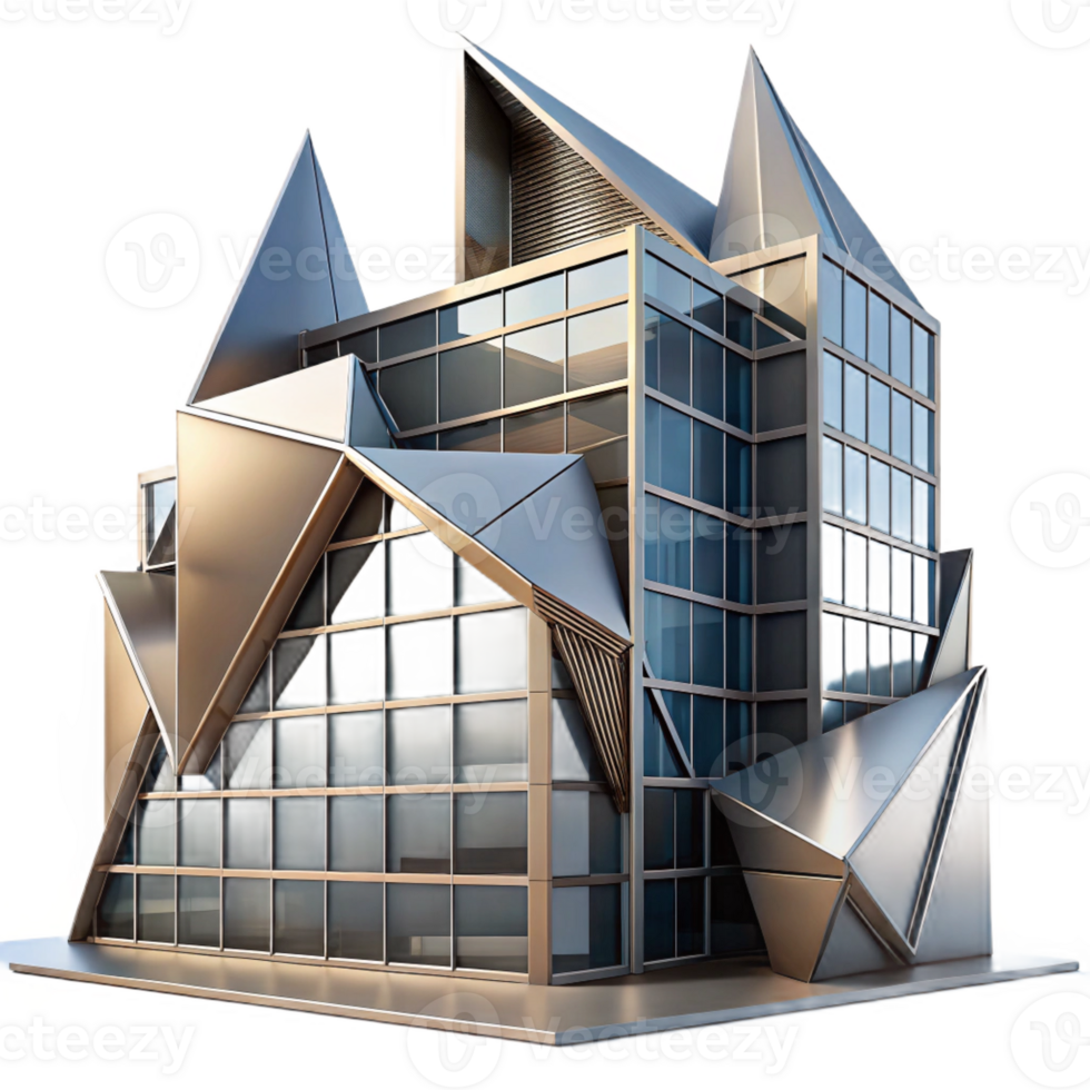 wonderful contemporary Deconstructivist office building, sharp angles and fragmented forms, metallic surfaces reflecting the urban landscape, dramatic lighting, abstract style authentic png