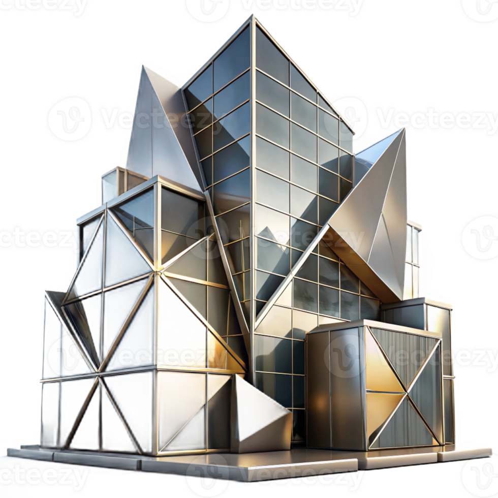 extraordinary modern Deconstructivist office building, sharp angles and fragmented forms, metallic surfaces reflecting the urban landscape, dramatic lighting, abstract style 4K png