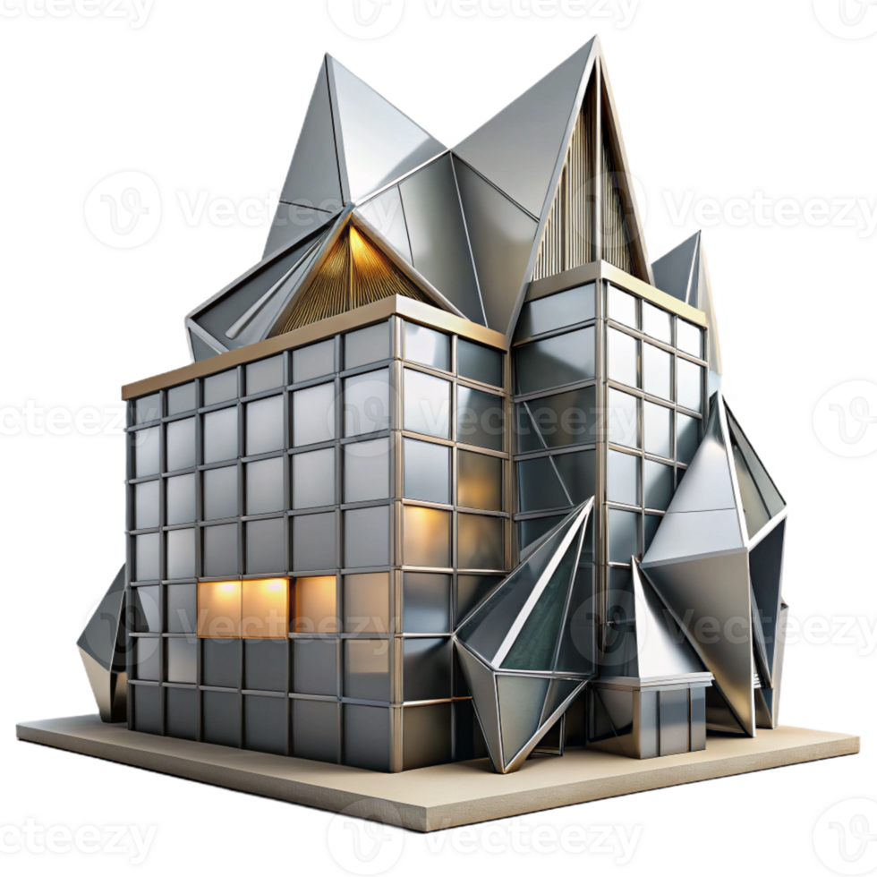 vibrant modern Deconstructivist office building, sharp angles and fragmented forms, metallic surfaces reflecting the urban landscape, dramatic lighting, abstract style authentic png