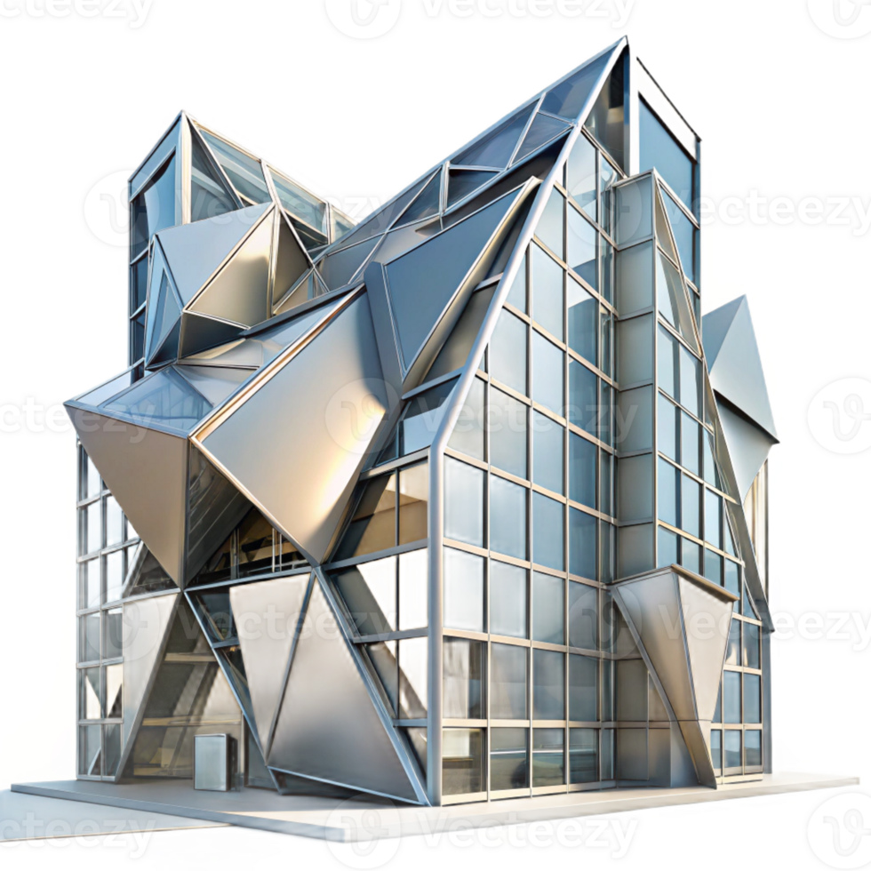 beautiful rustic Deconstructivist office building, sharp angles and fragmented forms, metallic surfaces reflecting the urban landscape, dramatic lighting, abstract style 4K png