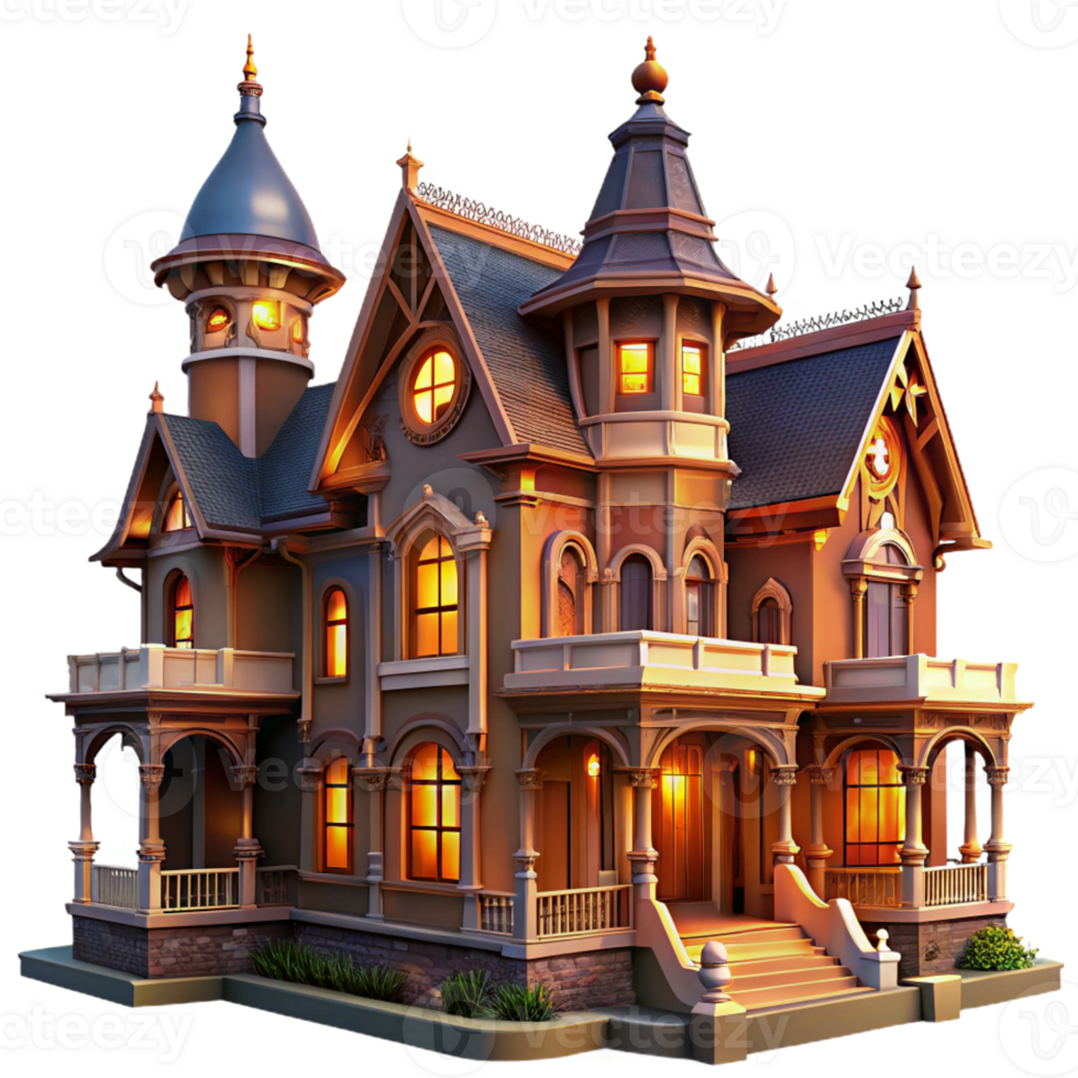 wonderful contemporary Victorian mansion, ornate details and intricate carvings, warm candlelight illuminating the interior, romantic ambiance, oil painting style detailed png