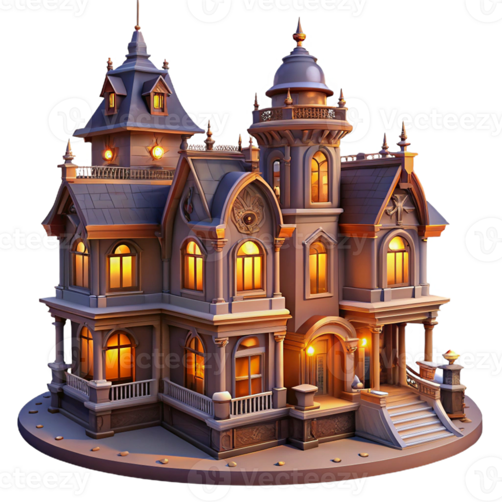 dramatic rustic Victorian mansion, ornate details and intricate carvings, warm candlelight illuminating the interior, romantic ambiance, oil painting style high quality png