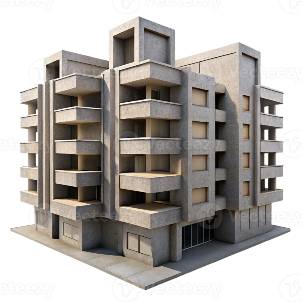 beautiful artistic Brutalist concrete apartment complex, repetitive geometric patterns, stark shadows, urban decay, grunge aesthetic authentic png