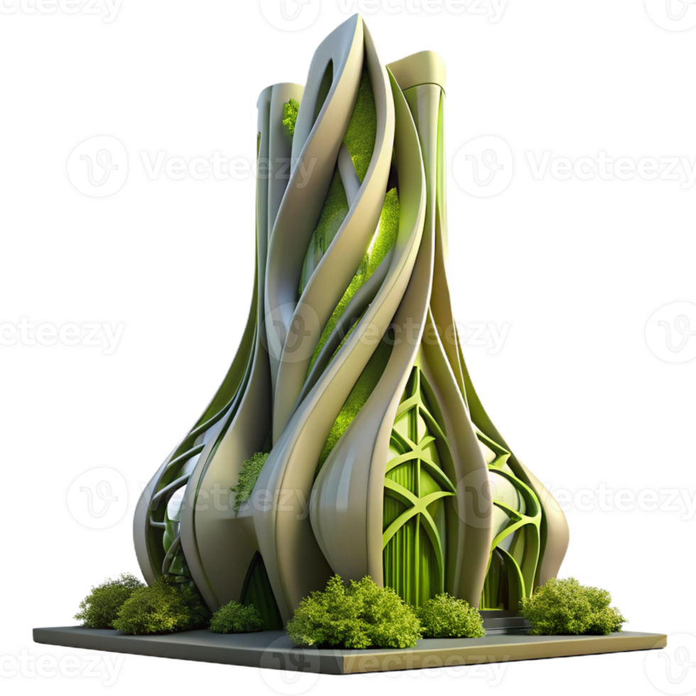 serene creative Biomorphic skyscraper inspired by nature, flowing organic shapes, lush greenery integrated into the facade, soft diffuse lighting, sustainable architecture high resolution png