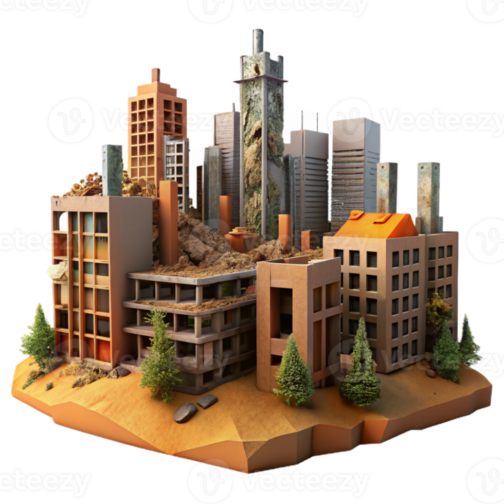 extraordinary classic Post-apocalyptic cityscape, crumbling buildings and overgrown vegetation, dusty orange sky, desolate mood, dystopian style detailed png
