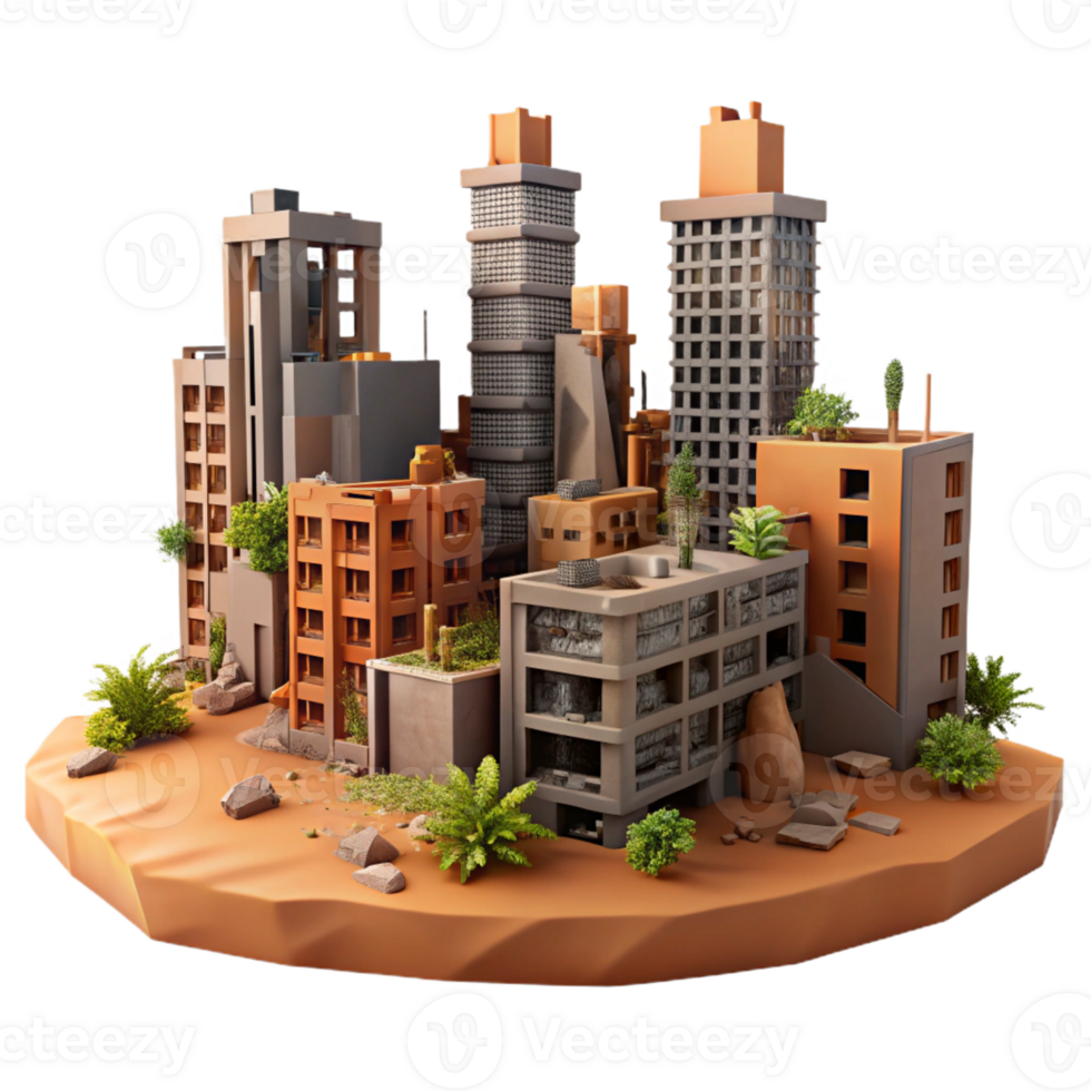 serene creative Post-apocalyptic cityscape, crumbling buildings and overgrown vegetation, dusty orange sky, desolate mood, dystopian style high quality png