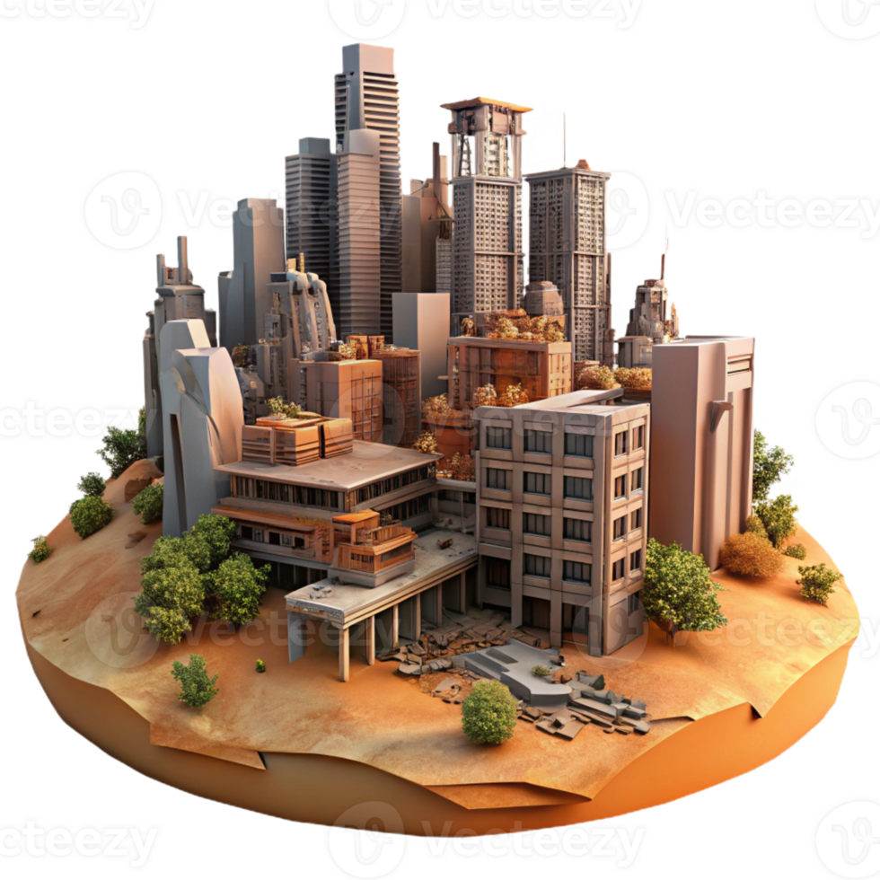 beautiful traditional Post-apocalyptic cityscape, crumbling buildings and overgrown vegetation, dusty orange sky, desolate mood, dystopian style premium png