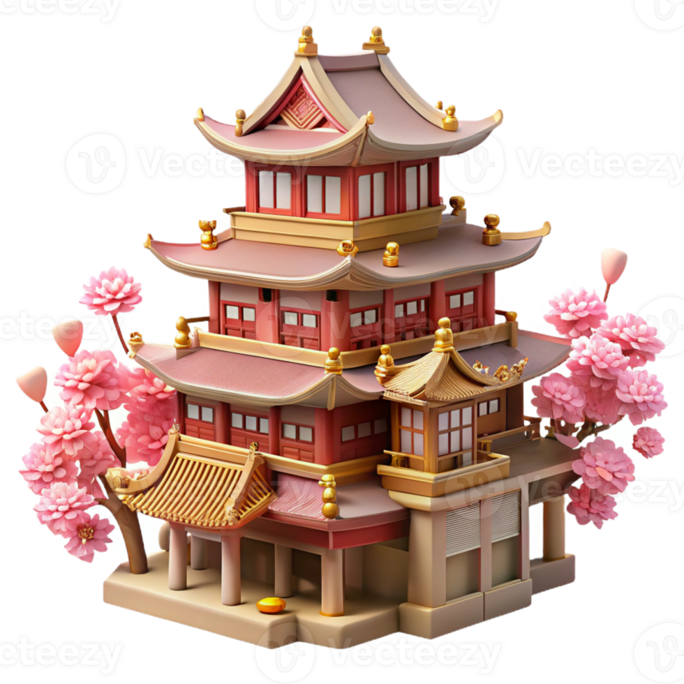 elegant traditional Traditional Japanese castle, intricate wooden architecture, cherry blossoms in full bloom, soft pink light, serene mood professional png