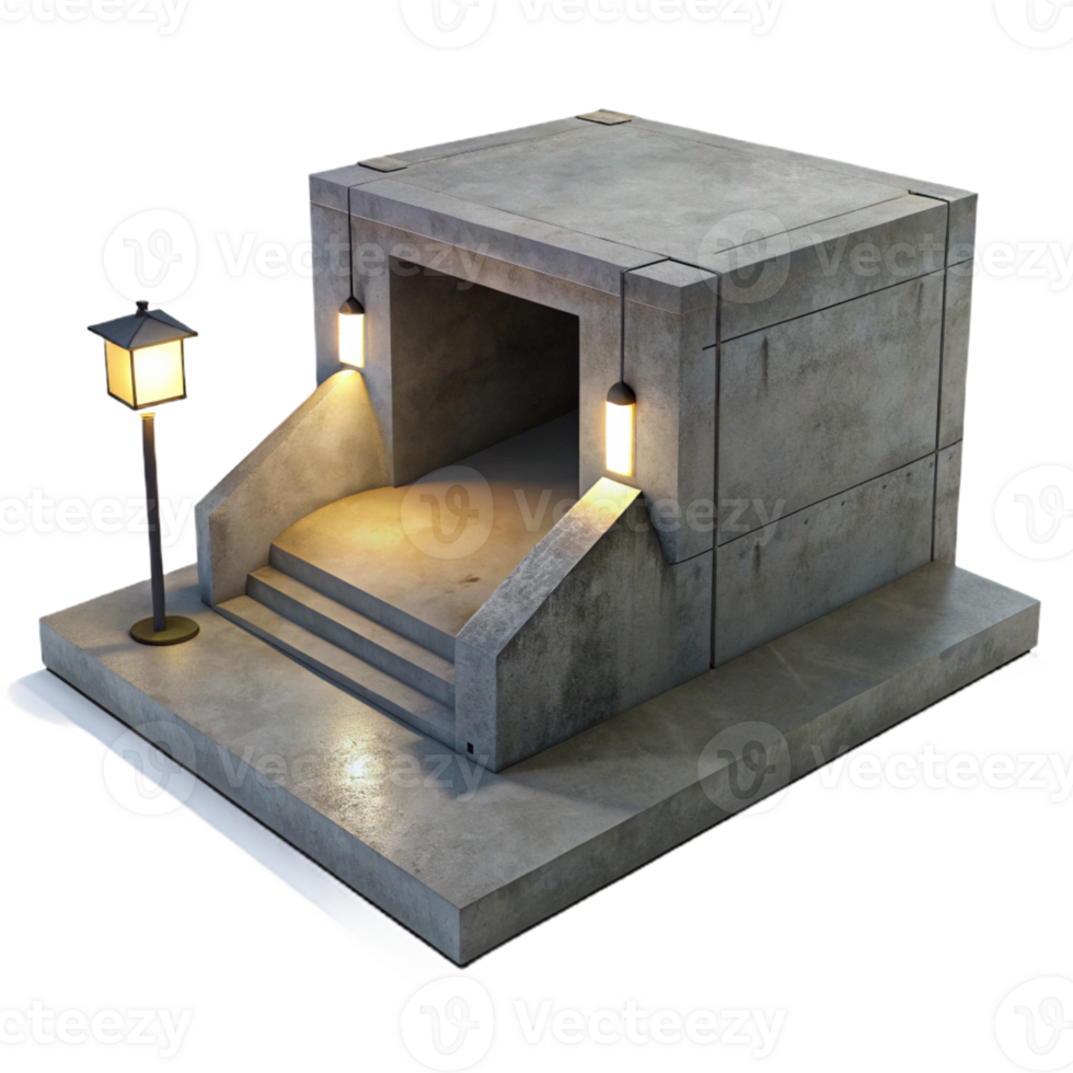 magnificent vintage Minimalist concrete bunker, single light source casting long shadows, stark and cold atmosphere, brutalist style authentic png