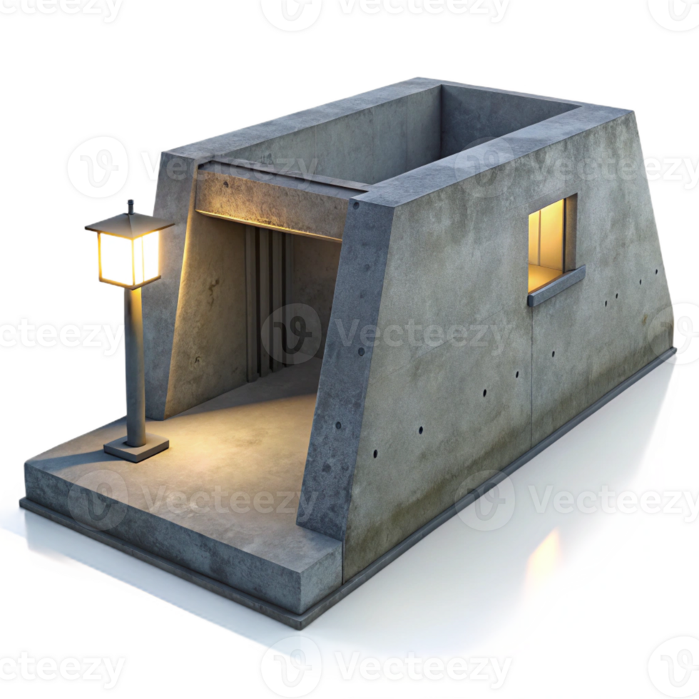 vibrant contemporary Minimalist concrete bunker, single light source casting long shadows, stark and cold atmosphere, brutalist style premium png