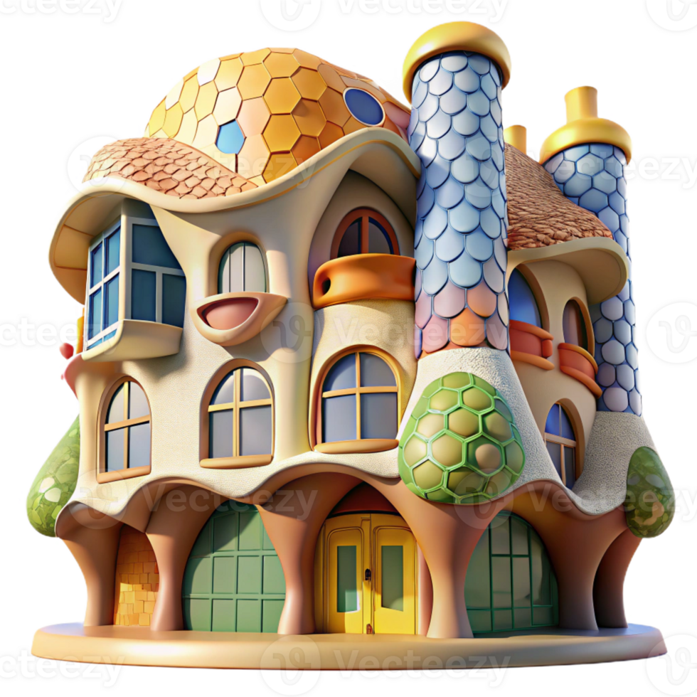 impressive modern Gaudi-inspired apartment building, colorful mosaic tiles and organic forms, bright sunlight, whimsical style high resolution png
