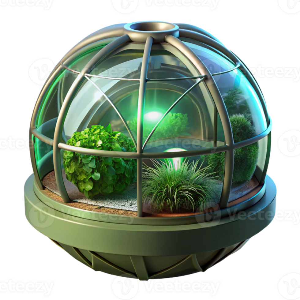 extraordinary artistic Floating spherical greenhouse, lush vegetation inside, soft green light, futuristic sustainable architecture 4K png