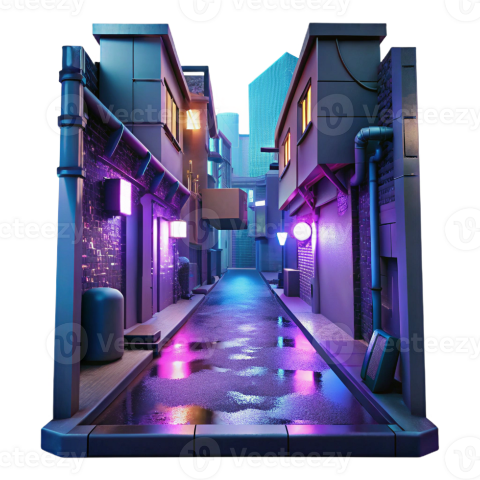 beautiful abstract Cyberpunk alleyway, neon signs and holographic projections, gritty urban environment, rainy night, dystopian style high resolution png