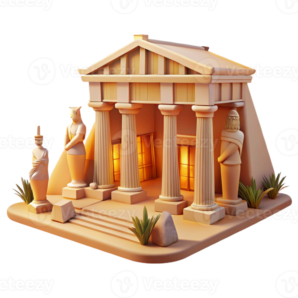 elegant rustic Ancient Egyptian temple, hieroglyphics and colossal statues, warm desert light, historical style original png