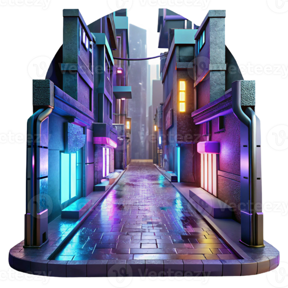 elegant traditional Cyberpunk alleyway, neon signs and holographic projections, gritty urban environment, rainy night, dystopian style detailed png