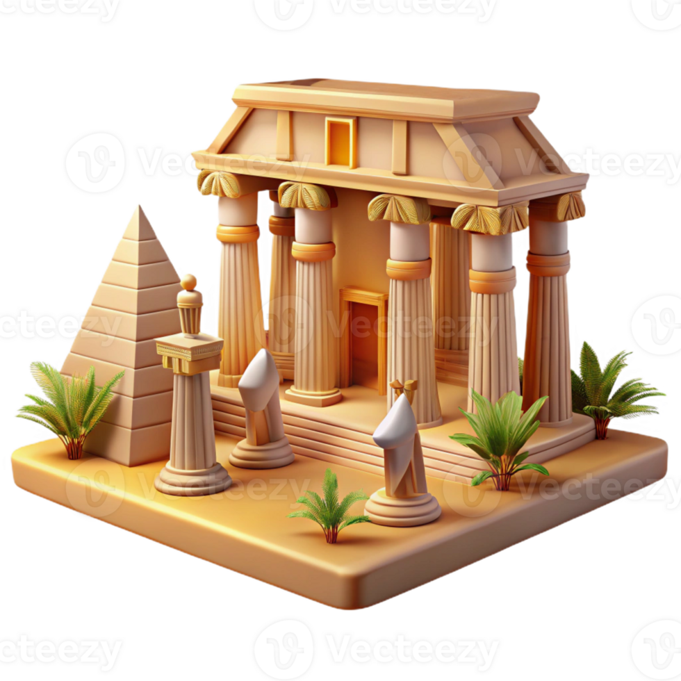 dramatic artistic Ancient Egyptian temple, hieroglyphics and colossal statues, warm desert light, historical style detailed png
