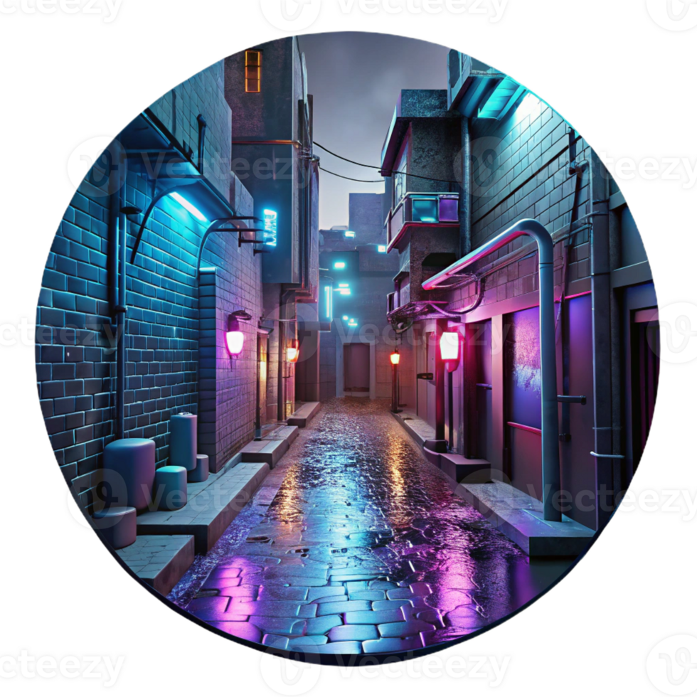 dramatic vintage Cyberpunk alleyway, neon signs and holographic projections, gritty urban environment, rainy night, dystopian style high resolution png